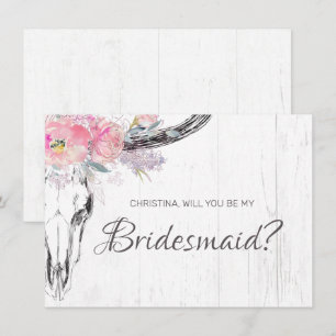 Invitación Rústica Cow Skull Boho Rubor Pink Floral Bridesmai