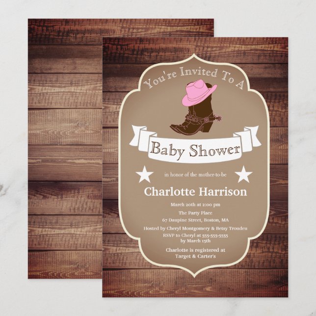 Invitación Rústica Cowgirl Boots and Barn Wood Baby Shower (Anverso / Reverso)