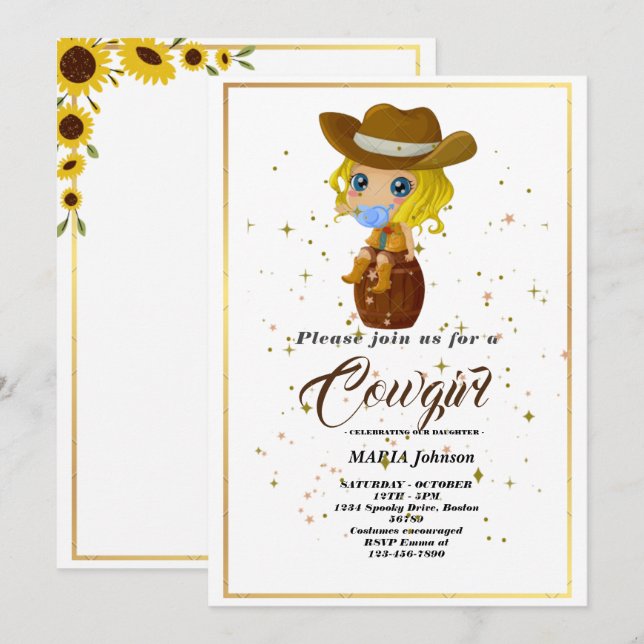 Invitación Rústica Cowgirl Occidental De Girasol Baby Shower  (Anverso / Reverso)