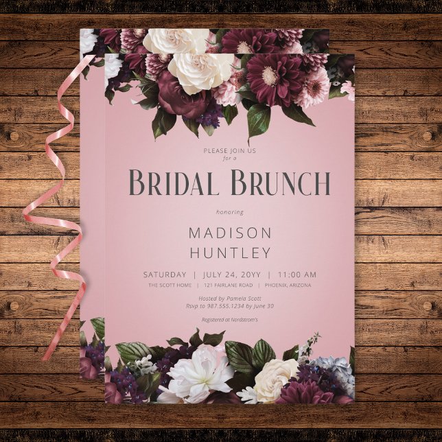 Invitación Rústica crema borgoñona y brunch de novia floral r (Rustic Burgundy Cream & Pink Floral Bridal Brunch Invitation)