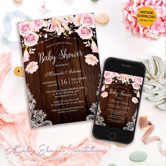 Invitación Rústica cuerda de encaje de madera ilumina Baby Sh (Subido por el creador)