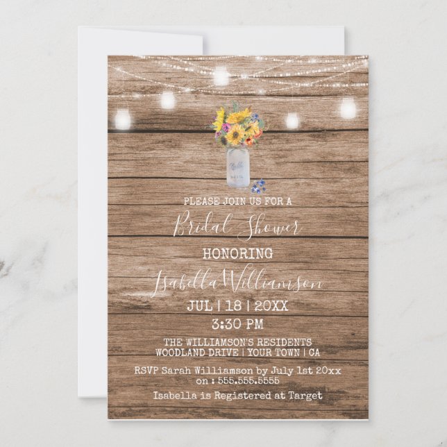Invitación Rústica cuerda de luces y ducha de novia Mason Jar (Anverso)