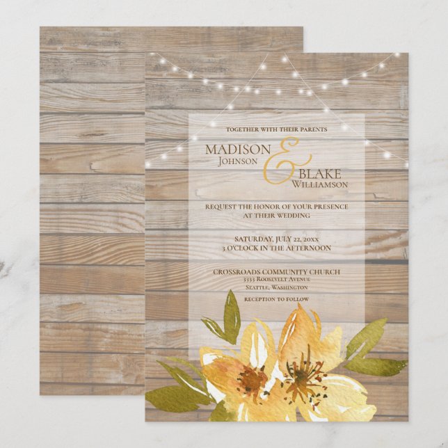 Invitación Rústica cuerda de madera ilumina Boda floral amari (Anverso / Reverso)