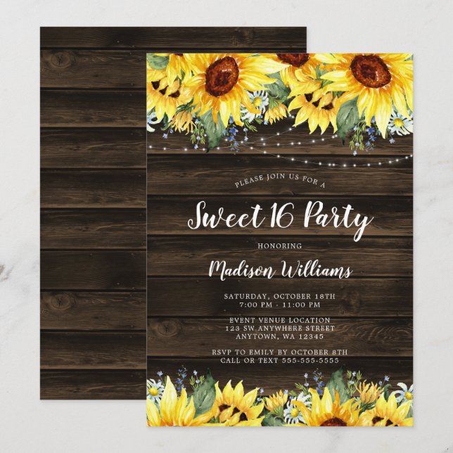 Invitación Rústica cuerda floral de girasol brilla dulce 16 (Anverso / Reverso)
