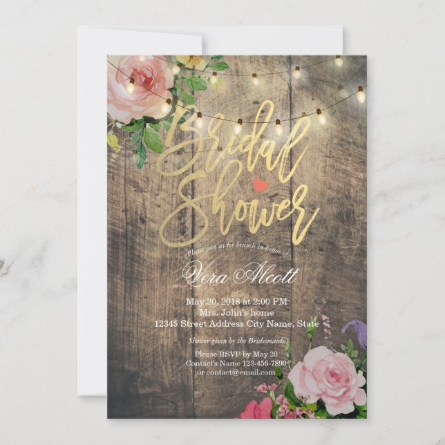 Invitación Rústica cuerda floral de madera iluminan ducha de  (Anverso)