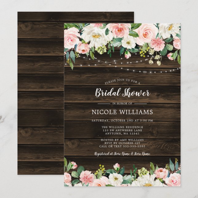 Invitación Rústica cuerda floral rosa ilumina ducha de novia (Anverso / Reverso)