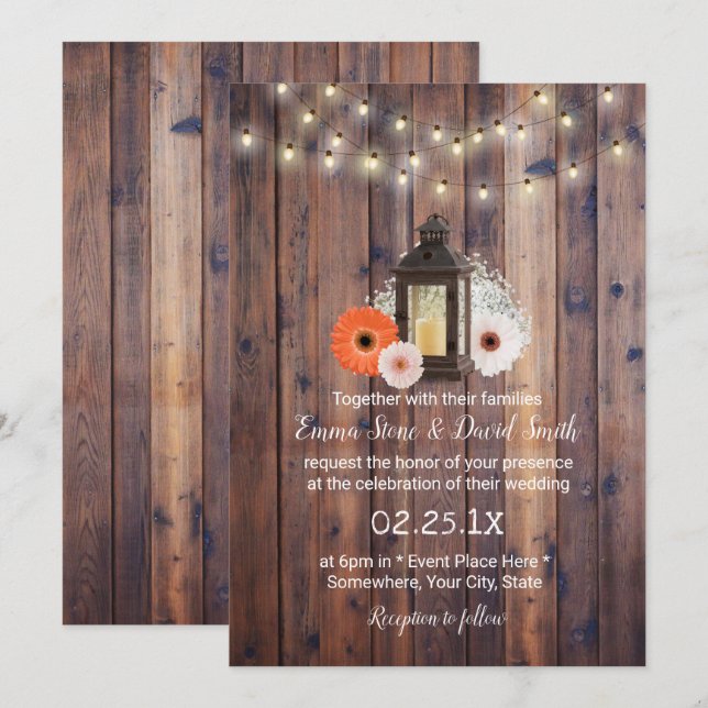 Invitación Rústica cuerda flotante ilumina a Boda floral de m (Anverso / Reverso)
