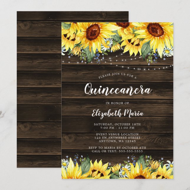 Invitación Rústica Cuerdas Florales De Girasol Iluminan Quinc (Anverso / Reverso)