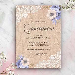 Invitación Rustica de Arpillera con Encaje y Floral Púrpura Q