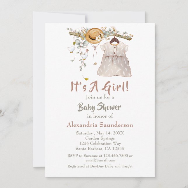 Invitación rústica de Baby Girl Boho Greenery (Anverso)