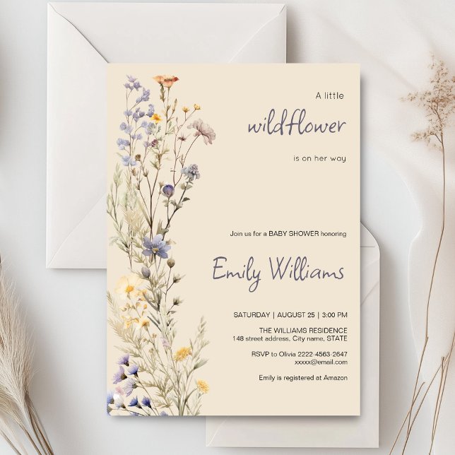 Invitación rústica de Baby Shower a Little Wildflo (A little wildflower elegant rustic boho watercolor baby shower invitation, baby in bloom)