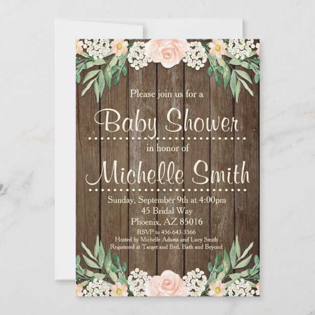 Invitación rústica de Baby Shower, cordón, floral (Anverso)
