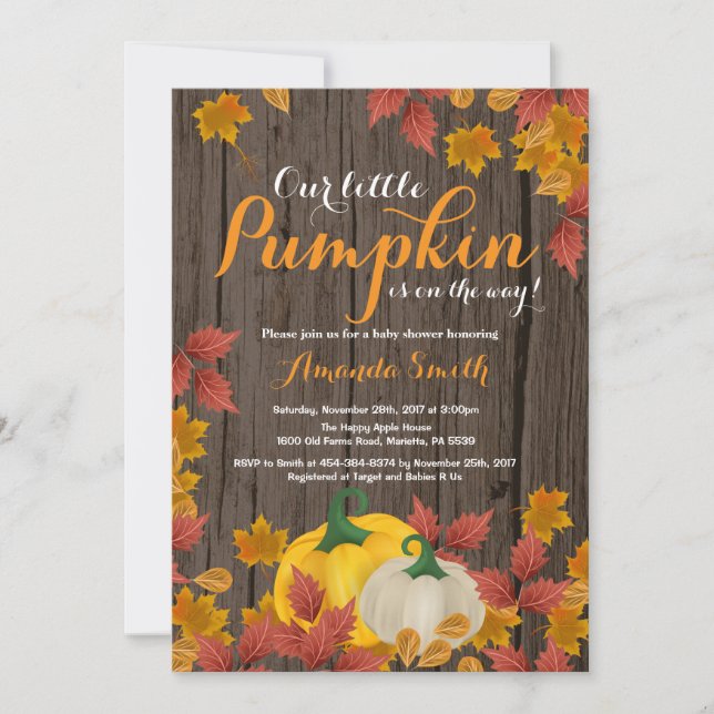 Invitación rústica de Baby Shower de la calabaza (Anverso)