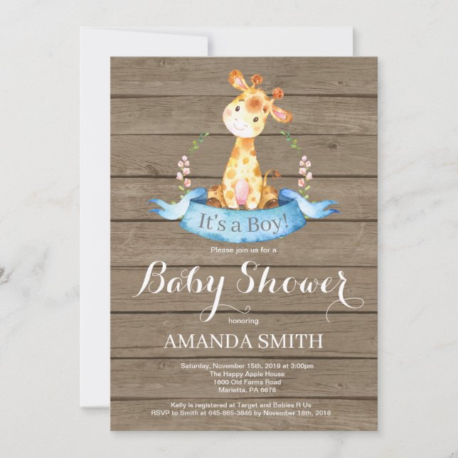 Invitación rústica de Baby Shower de la jirafa del (Anverso)