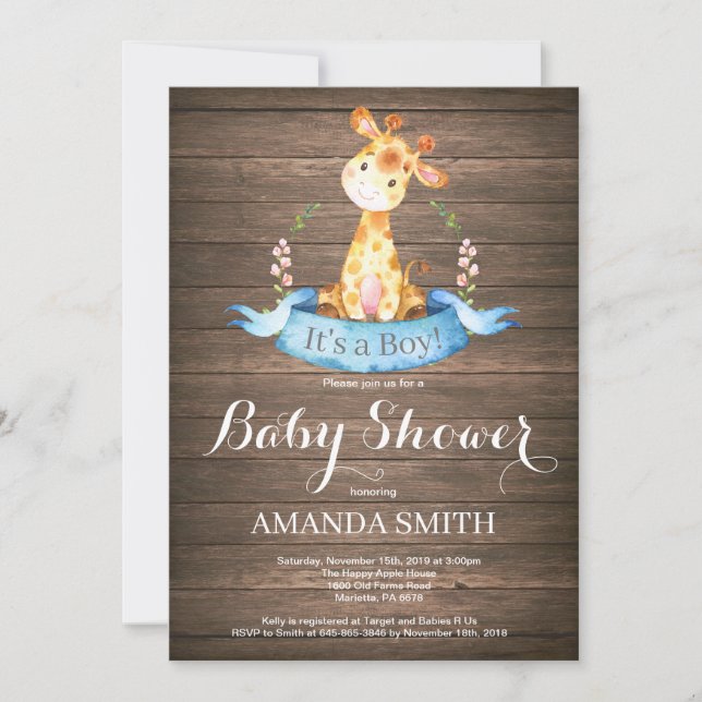 Invitación rústica de Baby Shower de la jirafa del (Anverso)