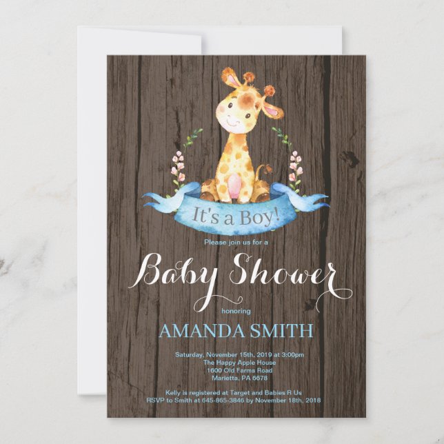 Invitación rústica de Baby Shower de la jirafa del (Anverso)