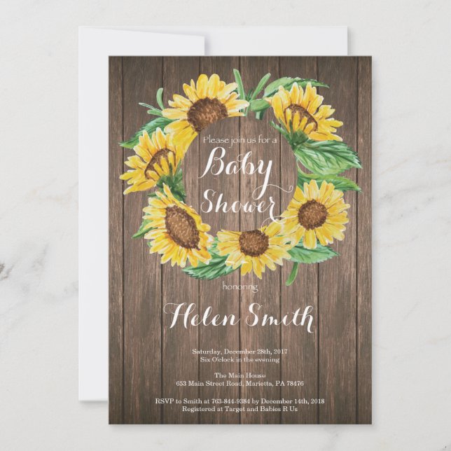 Invitación rústica de Baby Shower de los girasoles (Anverso)