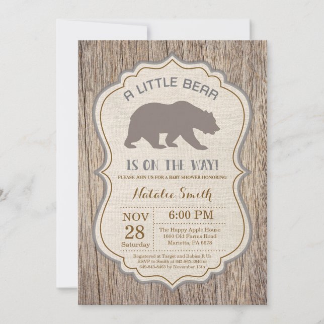 Invitación rústica de Baby Shower del oso (Anverso)