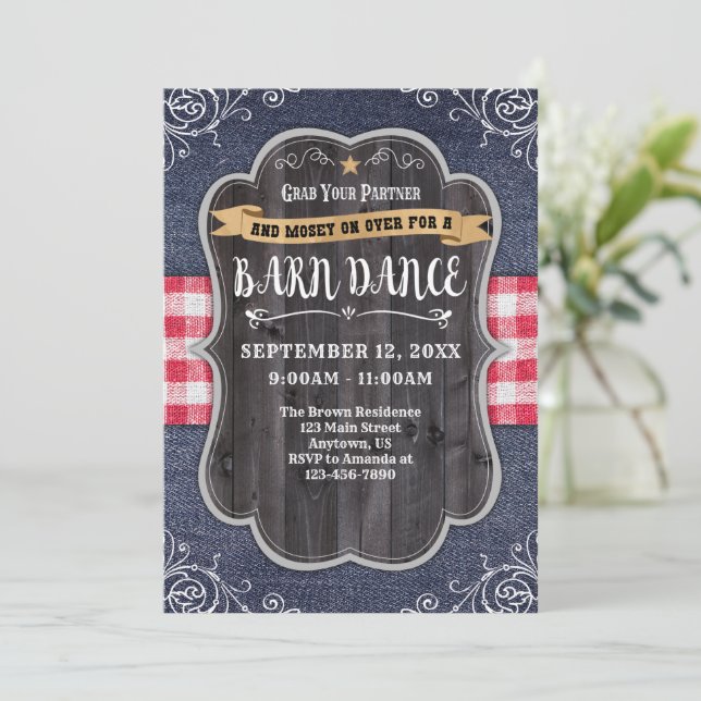 Invitación rústica de Barn Dance Denim Wood (Anverso de pie)
