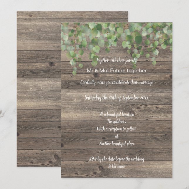 INVITACIÓN RÚSTICA DE BODA DE AGUA EUCALÍPTUS (Anverso / Reverso)