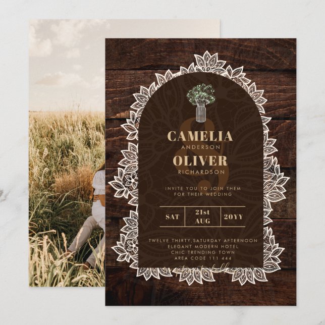 INVITACIÓN RÚSTICA DE BODA DE FOTOS EN Gypsophila  (Anverso / Reverso)