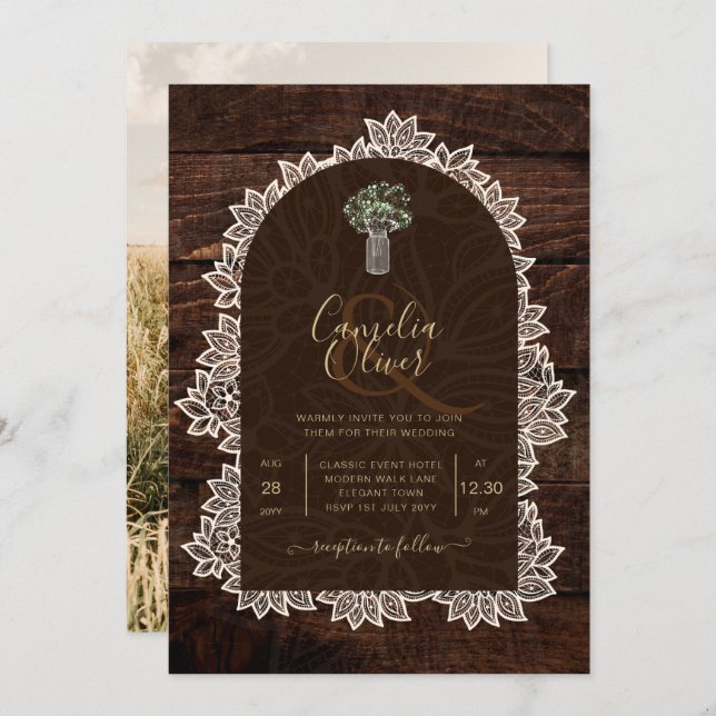 INVITACIÓN RÚSTICA DE BODA DE FOTOS EN Gypsophila  (Anverso / Reverso)