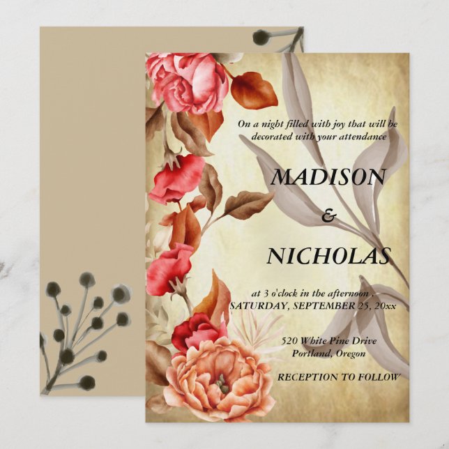 Invitación rústica de bodas botánicas floridas (Anverso / Reverso)