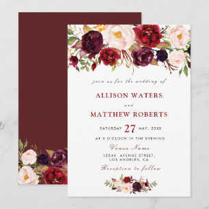 invitación rústica de bodas florales de burdeos