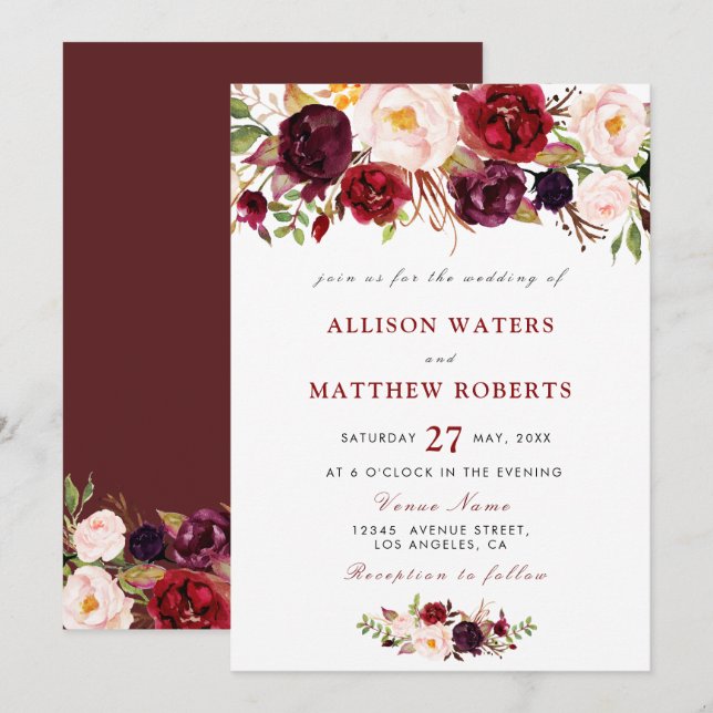 invitación rústica de bodas florales de burdeos (Anverso / Reverso)