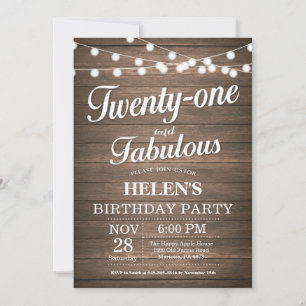 Invitación rústica de cumpleaños 21 madera fabulos