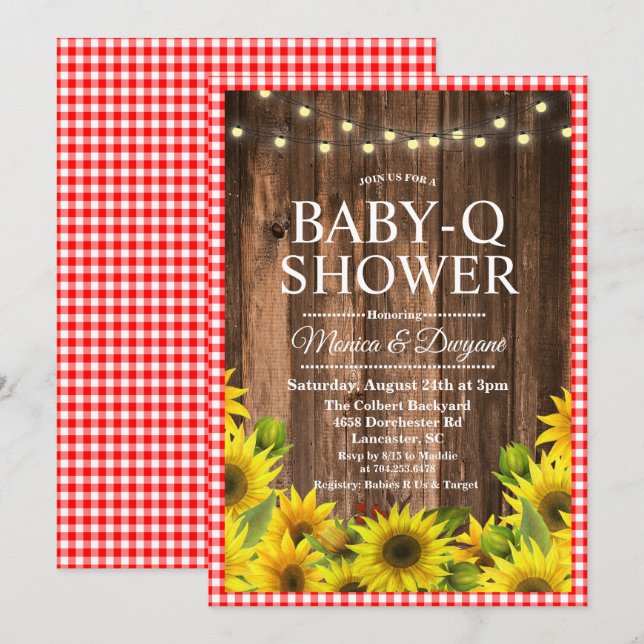 Invitación rústica de girasol para baby shower BBQ (Anverso / Reverso)