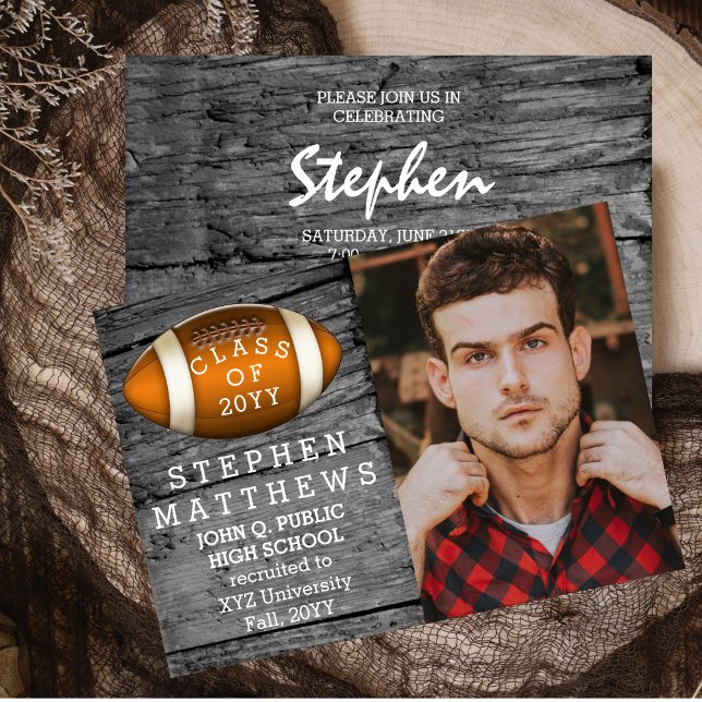 Invitación Rústica de Graduación de Fotos en Fútbo (Football Rustic Woodsy One Photo Graduation Announcement and Party Invitation - Print and/or Digital)
