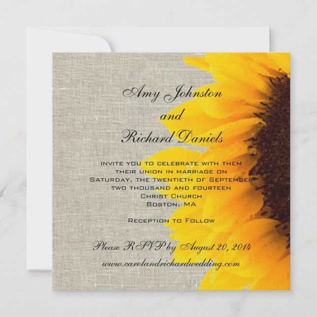 Invitación rústica de la boda del girasol de lino (Anverso)