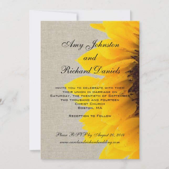 Invitación rústica de la boda del girasol de lino (Anverso)