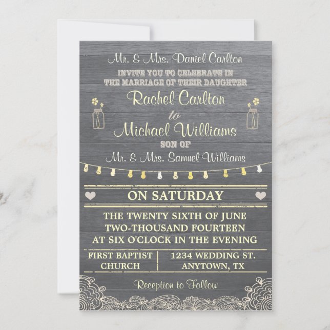 Invitación rústica de la boda del tarro de albañil (Anverso)