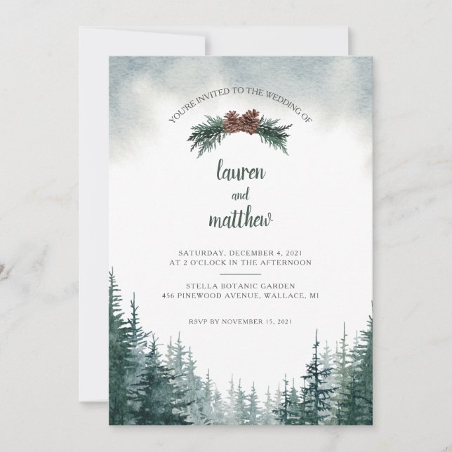 Invitación rústica de la boda invernal en el Everg (Anverso)