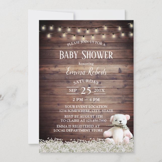 Invitación Rústica de las luces de cadena Cute Bear Baby Show (Anverso)
