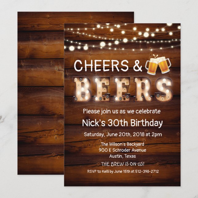 Invitación rústica de madera de Cheers y Beers (Anverso / Reverso)