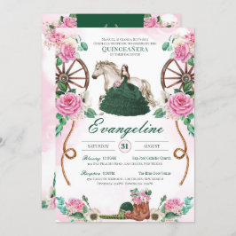 Invitación Rústica de rosa rosa verde esmeralda Charro Quince