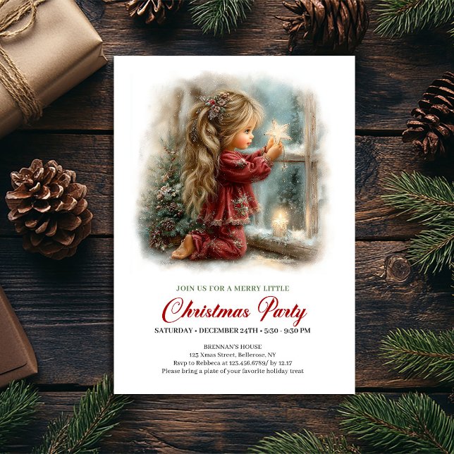 Invitación rústica de vacaciones para niña con esc (Bright Christmas Scene Girl Rustic Holiday Invite

)