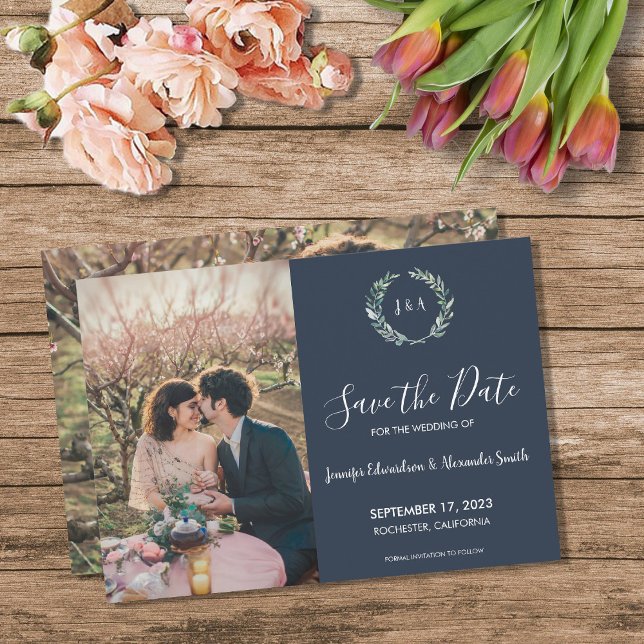 Invitación Rústica deja foto monograma Guardar fecha (Rustic leaves monogram photo Save the Date Invitation. You can add your own photos and text.)