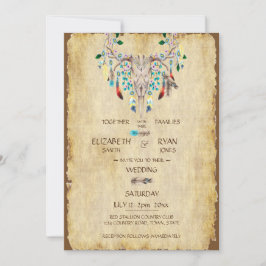 Invitación Rústica del país, cráneo de ciervos, plumas, Boda
