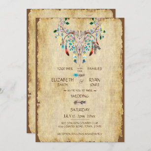 Invitación Rústica del país, cráneo de ciervos, plumas, Boda