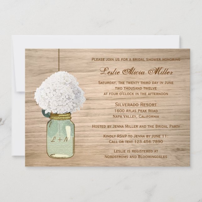 Invitación Rústica del país Mason Jar Hydrangea Bridal Shower (Anverso)