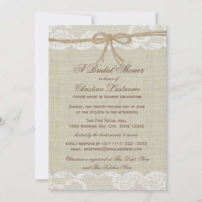 Invitación Rústica del país y Boda de encaje ducha de novia (Anverso)