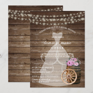 Invitación Rústica ducha de barril de madera con flores rosad