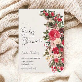 Invitación Rústica ducha de bebé de invierno con flores rojas