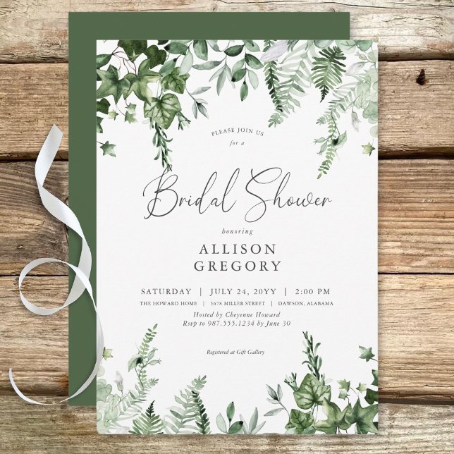 Invitación Rústica ducha de marfil verde y salvia (Rustic Green Ivy & Sage Bridal Shower Invitation)