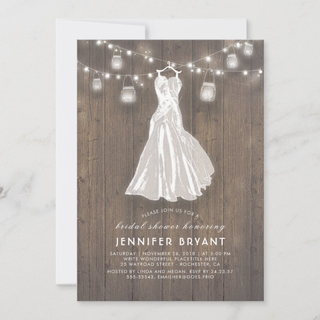 Invitación Rústica ducha de novia | Boda Gown y Mason Jars (Anverso)