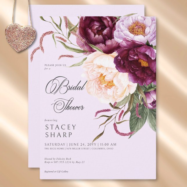 Invitación Rústica ducha de novia de Borgoña y Peonies Rosado (Rustic Burgundy & Pink Peonies Bridal Shower Invitation)